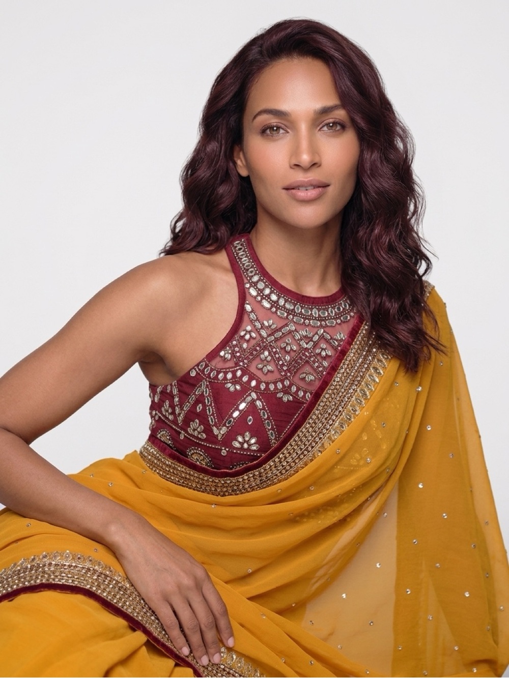 Mustard Yellow Saree with Maroon Embellished Blouse